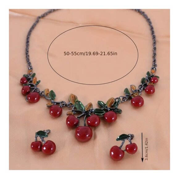 Vintage Retro Style Red Cherry Necklace & Earrings Set Cute Fruit Charm Chain - Picture 6 of 6